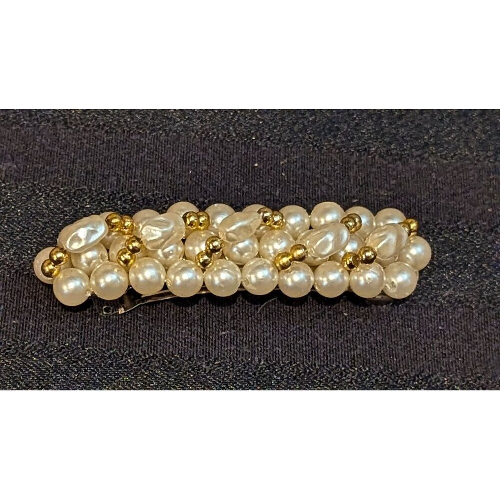 Elegant Faux Pearl & Gold Bead Hair Clip Barrette 3.5 Inches Long